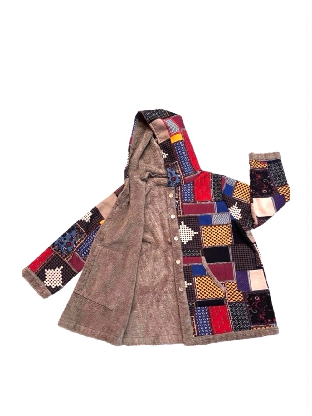 COAT ~ Colorful Patchwork Hooded Coat w/Soft Brown Sherpa Lining and Pockets